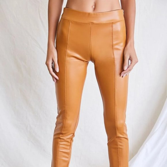 Faux Leather  Ankle Pants Med Coated Camel Brown Straight Skinny Stretch - Picture 6 of 12
